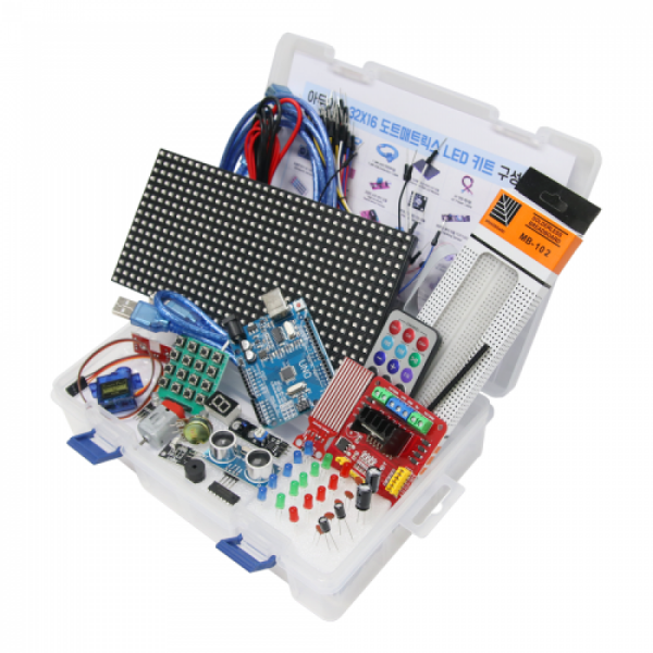 디바이스마트,LED/LCD > FND/도트매트릭스 > 도트매트릭스,LK EMBEDDED,아두이노 32X16 도트매트릭스 LED 키트,32x16 도트매트릭스 LED 모듈 1개가 포함된 아두이노 우노 R3 기반의 실습키트