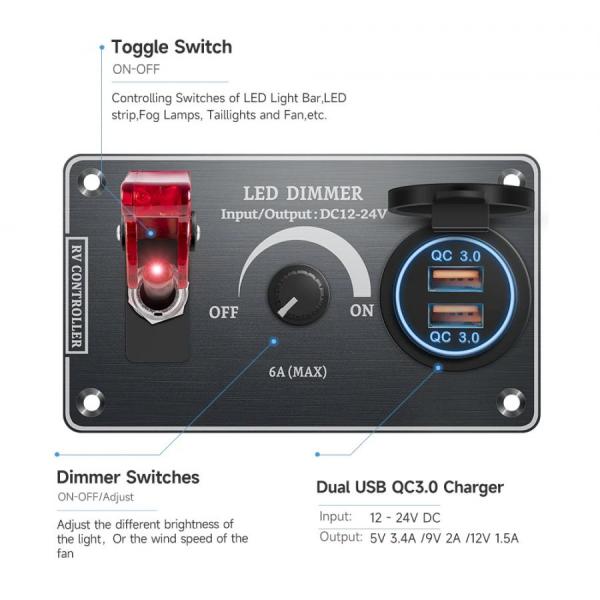 디바이스마트,EV 전기차/캠핑카/그린에너지 > 컨트롤패널/박스 > 컨트롤패널,QUBEN,QUBEN 다기능 알루미늄 패널 (LED 디머, 토글스위치, QC3.0) 블랙 [TYE-SP037],토글 스위치, 디머 스위치, 듀얼 USB QC3.0 / 12-24V / 알루미늄 패널 / 114*67mm