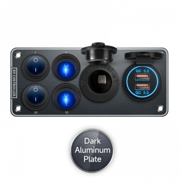 디바이스마트,EV 전기차/캠핑카/그린에너지 > 컨트롤패널/박스 > 컨트롤패널,QUBEN,QUBEN 다기능 알루미늄 패널 (토글스위치, 시가소켓, QC3.0) 블랙 [TYE-SP043],토글스위치, 시가소켓, QC3.0 / 12-24V / 144*64mm / BLACK