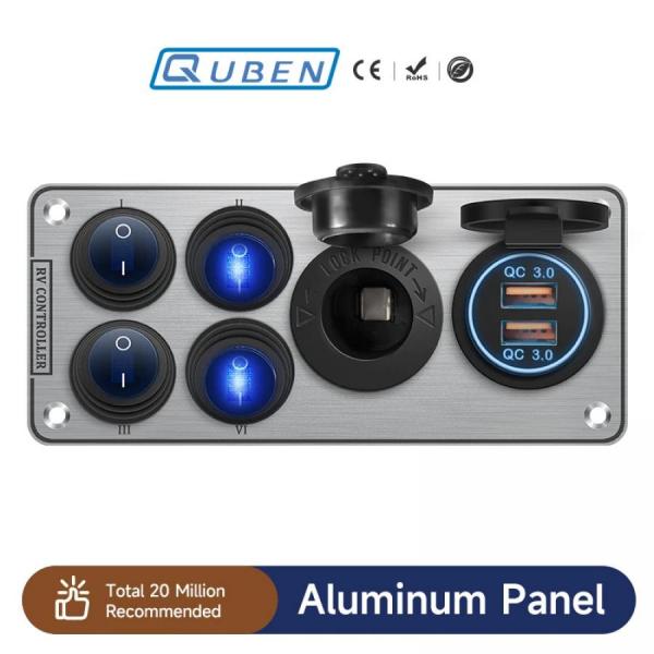 디바이스마트,EV 전기차/캠핑카/그린에너지 > 컨트롤패널/박스 > 컨트롤패널,QUBEN,QUBEN 다기능 알루미늄 패널 (토글스위치, 시가소켓, QC3.0) 실버 [TYE-SP044],토글스위치, 시가소켓, QC3.0 / 12-24V / 144*64mm / SILVER