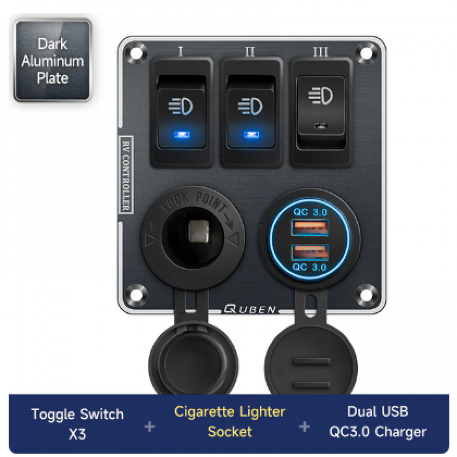 QUBEN 다기능 알루미늄 패널 (듀얼 USB QC3.0, 시가소켓, 토글스위치) 블랙 [TYE-SP045]