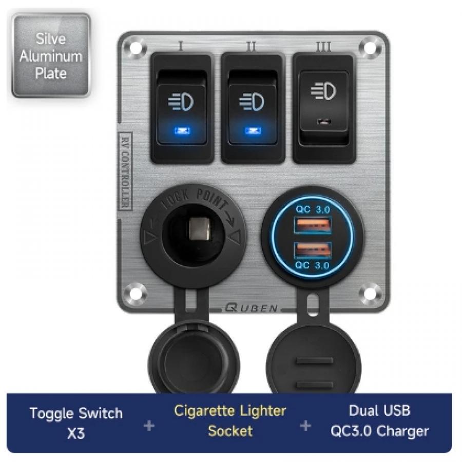 QUBEN 다기능 알루미늄 패널 (듀얼 USB QC3.0, 시가소켓, 토글스위치) 실버 [TYE-SP046]