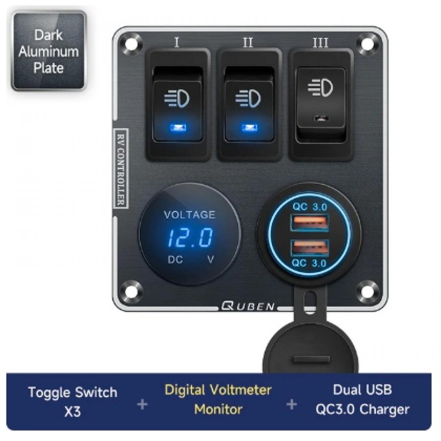 QUBEN 다기능 알루미늄 패널 (듀얼 USB QC3.0, LED 전압계, 토글스위치) 블랙 [TYE-SP047]