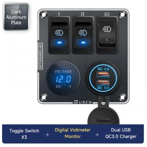 디바이스마트,EV 전기차/캠핑카/그린에너지 > 컨트롤패널/박스 > 컨트롤패널,QUBEN,QUBEN 다기능 알루미늄 패널 (듀얼 USB QC3.0, LED 전압계, 토글스위치) 블랙 [TYE-SP047],토글스위치, LED 전압계, QC3.0 / 12-24V / 97*100mm / BLACK