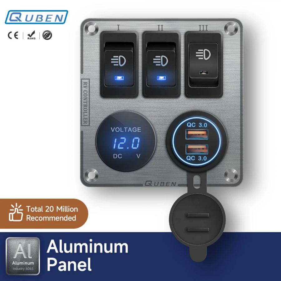 QUBEN 다기능 알루미늄 패널 (듀얼 USB QC3.0, LED 전압계, 토글스위치) 실버 [TYE-SP048]