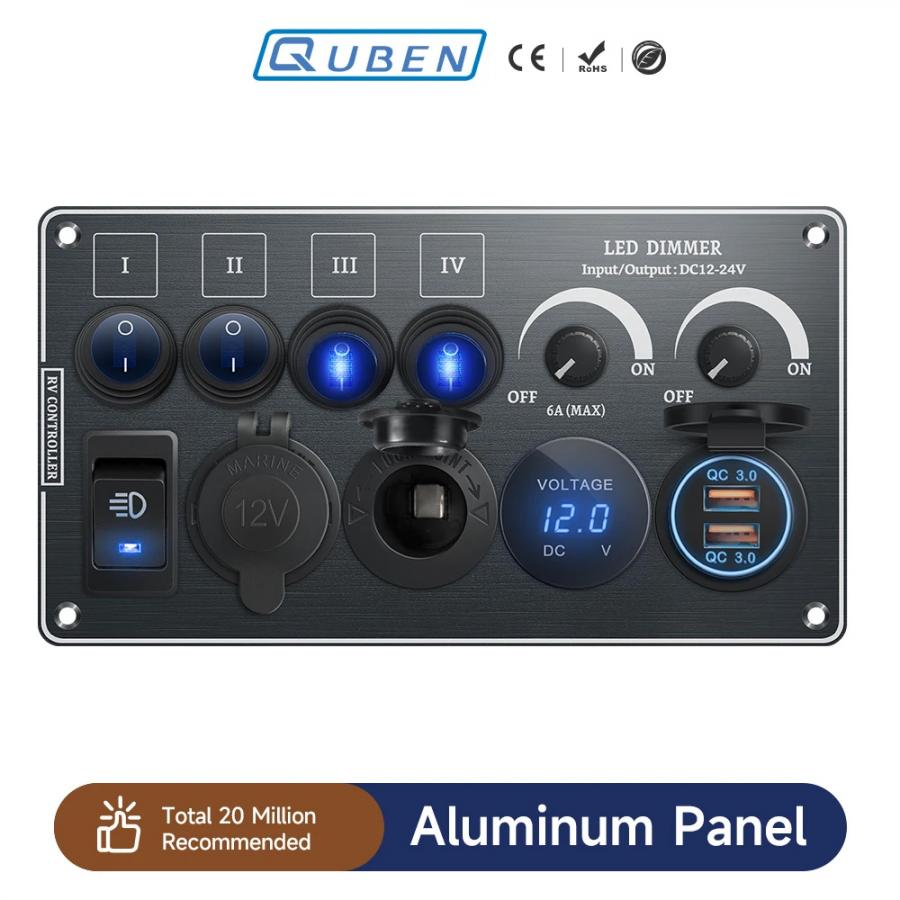 QUBEN 다기능 알루미늄 패널 (듀얼 USB QC3.0, 시가소켓, LED 디머, LED 전압계, 토글스위치) 블랙 [TYE-SP049]