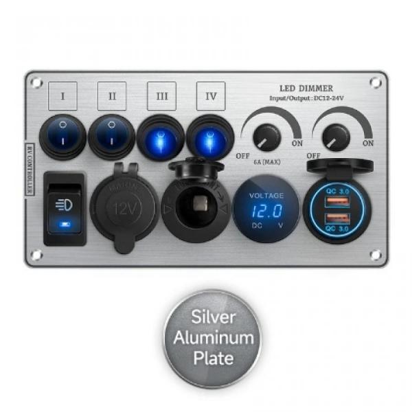 디바이스마트,EV 전기차/캠핑카/그린에너지 > 컨트롤패널/박스 > 컨트롤패널,QUBEN,QUBEN 다기능 알루미늄 패널 (듀얼 USB QC3.0, 시가소켓, LED 디머, LED 전압계, 토글스위치) 실버 [TYE-SP050],듀얼 USB QC3.0, 시가소켓, LED 디머, LED 전압계, 토글스위치 / 12-24V / 193*105mm / SILVER