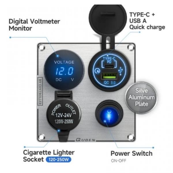 디바이스마트,EV 전기차/캠핑카/그린에너지 > 컨트롤패널/박스 > 컨트롤패널,QUBEN,QUBEN 다기능 알루미늄 패널 (듀얼 USB QC3.0, 120W 시가소켓, LED 전압계, 토글스위치) 실버 [TYE-SP051],듀얼 USB QC3.0, 120W 시가소켓, LED 전압계, 토글스위치 / 12-24V / 95*95mm / SILVER