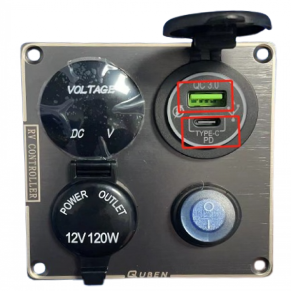 디바이스마트,EV 전기차/캠핑카/그린에너지 > 컨트롤패널/박스 > 컨트롤패널,QUBEN,QUBEN 다기능 알루미늄 패널 (듀얼 USB QC3.0, 120W 시가소켓, LED 전압계, 토글스위치) 블랙 [TYE-SP052],듀얼 USB QC3.0, 120W 시가소켓, LED 전압계, 토글스위치 / 12-24V / 95*95mm / BLACK