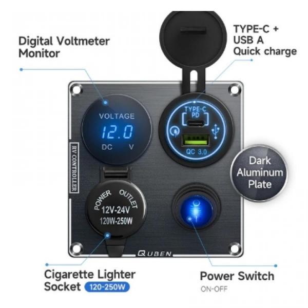 디바이스마트,EV 전기차/캠핑카/그린에너지 > 컨트롤패널/박스 > 컨트롤패널,QUBEN,QUBEN 다기능 알루미늄 패널 (듀얼 USB QC3.0, 120W 시가소켓, LED 전압계, 토글스위치) 블랙 [TYE-SP052],듀얼 USB QC3.0, 120W 시가소켓, LED 전압계, 토글스위치 / 12-24V / 95*95mm / BLACK