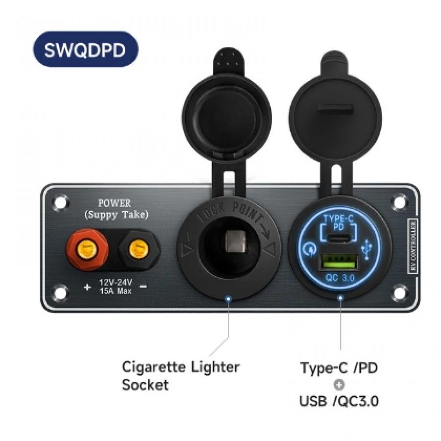 QUBEN 다기능 알루미늄 패널 (PD + QC3.0,시가소켓, 파워잭) 블랙 [TYE-SP053]