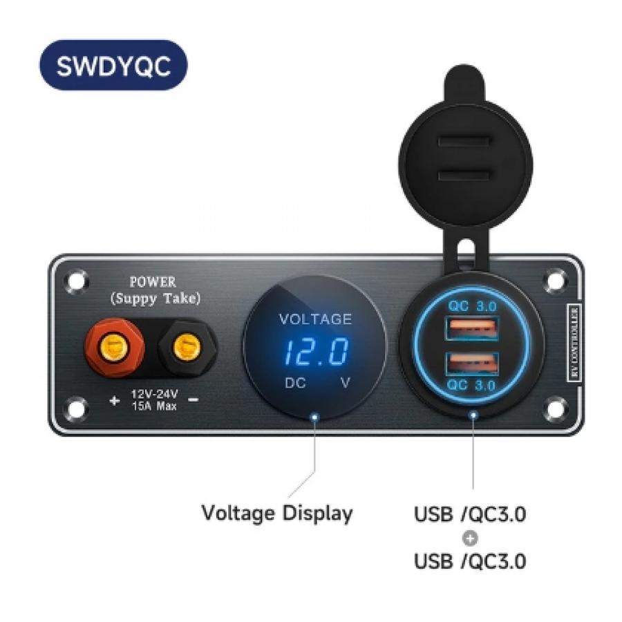 QUBEN 다기능 알루미늄 패널 (QC3.0, LED 전압계, 파워잭) 블랙 [TYE-SP054]