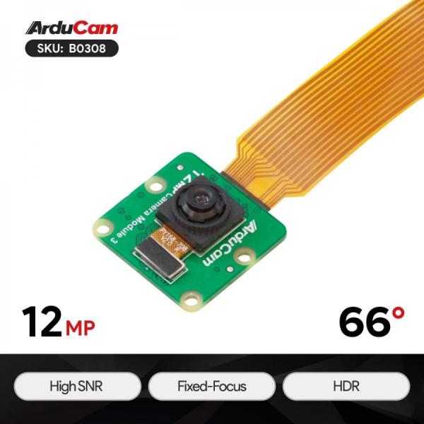 디바이스마트,MCU보드/전자키트 > 카메라/비디오 > 일반카메라,UCTRONICS,Arducam 12MP IMX708 Fixed Focus HDR High SNR Camera Module for Raspberry Pi  [B0308],최대 3메가픽셀 출력을 위한 hdr 모드가 있는 sony imx708 , mipi csi-2 통신 / 66°(HFOV) 고정 초점 렌즈, 일체형 IR 차단 필터 / 15-22핀 FPC 플렉시블 케이블이 장착된 Raspberry Pi 3, 4 A/B를 지원