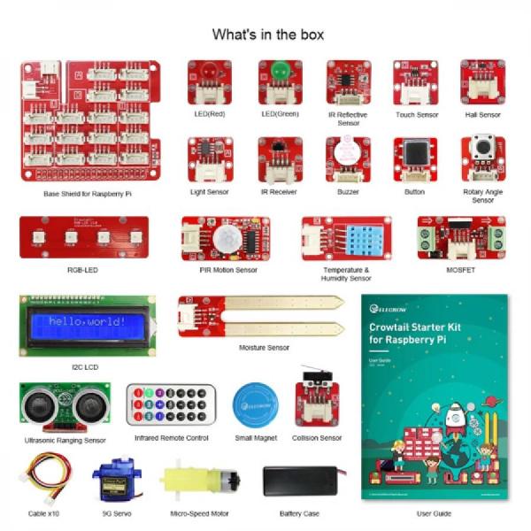 디바이스마트,오픈소스/코딩교육 > Micro:Bit > 마이크로비트 교육용키트,ELECROW,Crowtail Starter Kit for Raspberry Pi [SER0001P],Raspberry Pi 용 Crowtail-Base Shield 와 RGB LED, 초음파 범위 센서, IR 등 22개 이상의 모듈이 포함 / 패키지 무게: 700g / 패키지 크기: 11.5 x 8.1 x 1.5인치