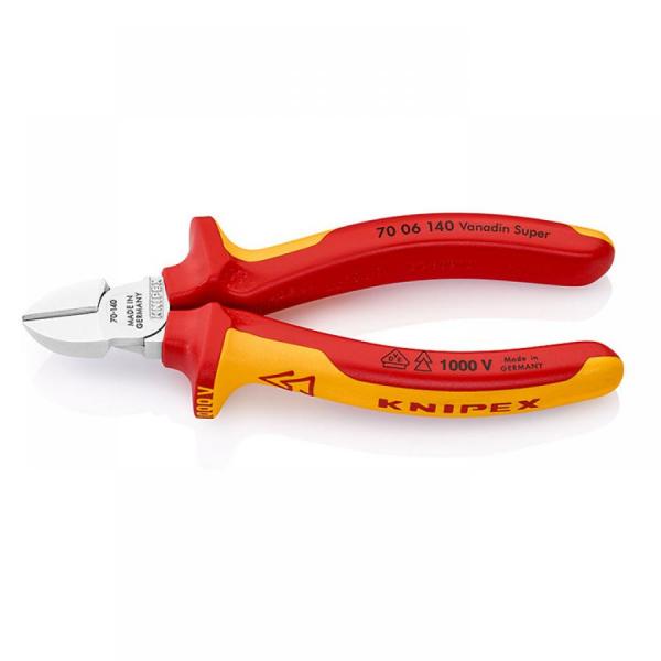 디바이스마트,수공구/전자공구/전동공구 > 작업공구 > 플라이어류 > 니퍼,KNIPEX,크니펙스 절연 니퍼 70-06-140,절연 이중 안락 손잡이 VDE 인증 / 연선과 강선 절단에 모두 적합 / 정교한 컷팅 엣지 / 전기 유도 경화처리 / 크롬 도금 / 140mm
