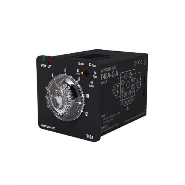 디바이스마트,기계/제어/로봇/모터 > 자동화(FA) > 제어 > 카운터/타이머,한영넉스,아날로그 타이머 T48A-1B-A,시간 레인지: 1sec, 1min, 1hour, 10sec, 10min / 출력: 순시 SPDT (1C), 한시 SPDT (1C) / 입력 전압: 24~240V AC, DC 50/60 Hz