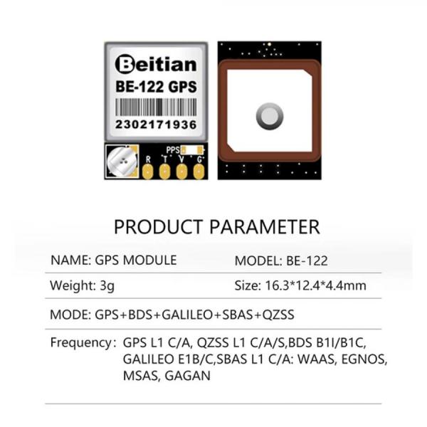 디바이스마트,MCU보드/전자키트 > 통신/네트워크 > GNSS/GPS > 정밀/고성능 GPS 모듈,Beitian,고정밀 미니 GPS 모듈 [BE-122],M10050 / GPS+BDS+GALILEO / Horizontal position : 2.0 CEP / Rate : 4800bps ~ 921600bps,평균 115200bps / 전압 : DC 3.6V ~ 5.5V / 드론 / 플래시 지원
