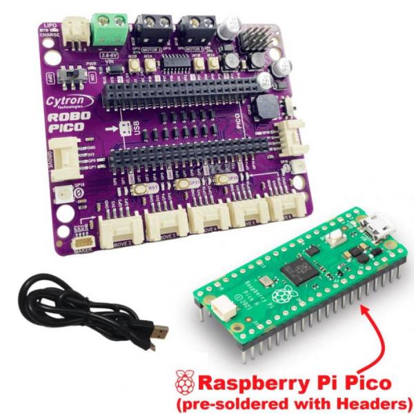 디바이스마트,오픈소스/코딩교육 > 라즈베리파이 > 라즈베리파이 확장보드/HAT,Cytron,Robo Pico with Raspberry Pi Pico Headers [CK-ROBO-PICO-H],Robo Pico 보드 / 라즈베리파이 피코, 피코W용 / 듀얼 채널 DC 모터 드라이버, 서보 모터 포트 4개, Grove 포트 7개, Maker 포트 1개, RGB LED NeoPixel 2개, 피에조 버저 1개가 장착 / 구성품 : 보드 x1, 납땜된 헤더 피코 x1