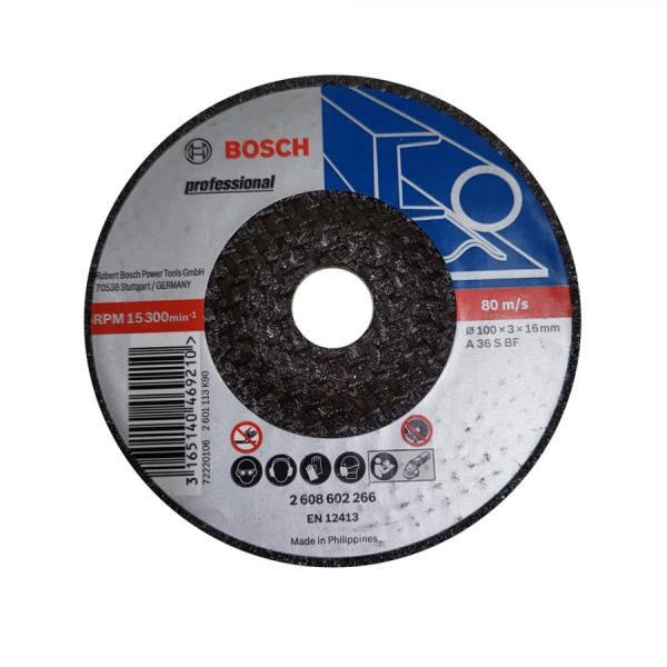 디바이스마트,수공구/전자공구/전동공구 > 작업공구 > 절단석,보쉬 BOSCH,4인치 연마석 철재용 3T 2608602266,직경 : 100 mm / 내경 : 16 mm / 두께 : 3 mm  / 공정소재 : 메탈 / 제원 : A 36 S BF / 원산지 : 필리핀