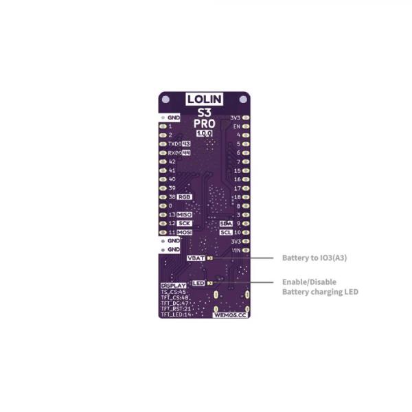 디바이스마트,오픈소스/코딩교육 > 파이썬/IoT 개발 보드 > WeMos > WeMos 정품보드/모듈,WeMos,[정품] LOLIN S3 Pro V1.0.0 ESP32-S3 와이파이 블루투스 개발보드,ESP32-S3 칩셋 전용 / 와이파이 블루투스 기반 IOT 개발보드  / USB-C / 16MB 플래시 / 8MB PSRAM MicroPython(Default), Arduino 및 ESP-IDF 호환 / 25x IO / 디스플레이 포트, 배터리 포트, 마이크로 카드 슬롯