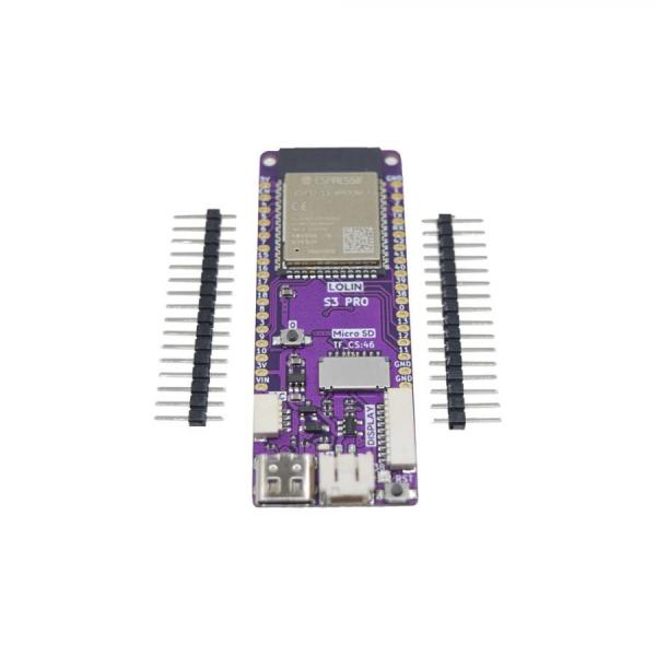 디바이스마트,오픈소스/코딩교육 > 파이썬/IoT 개발 보드 > WeMos > WeMos 정품보드/모듈,WeMos,[정품] LOLIN S3 Pro V1.0.0 ESP32-S3 와이파이 블루투스 개발보드,ESP32-S3 칩셋 전용 / 와이파이 블루투스 기반 IOT 개발보드  / USB-C / 16MB 플래시 / 8MB PSRAM MicroPython(Default), Arduino 및 ESP-IDF 호환 / 25x IO / 디스플레이 포트, 배터리 포트, 마이크로 카드 슬롯