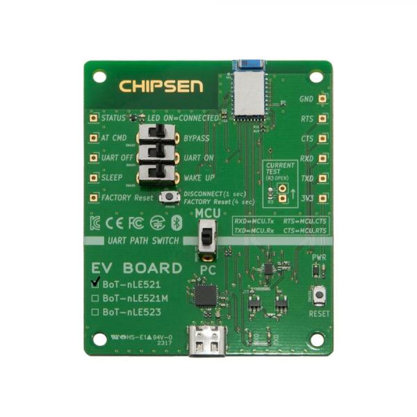 디바이스마트,MCU보드/전자키트 > 통신/네트워크 > 블루투스/BLE,(주)칩센,BoT-nLE521 테스트용 개발보드 EVB-nLE521,EVB-nLE521는 고객(개발자)가 제품을 설계하기 전에 먼저 블루투스 모듈(BoT-nLE521)의 기능을 테스트 할 수 있는 개발보드입니다.