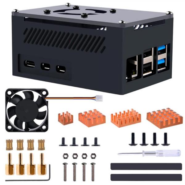 디바이스마트,오픈소스/코딩교육 > 라즈베리파이 > 라즈베리파이 케이스,52PI,라즈베리파이5 알루미늄/아크릴 히트싱크 팬 케이스 블랙 [ZP-0164],라즈베리파이 알루미늄 케이스 / 쿨링팬, 방열판 포함 / 95*63*45mm