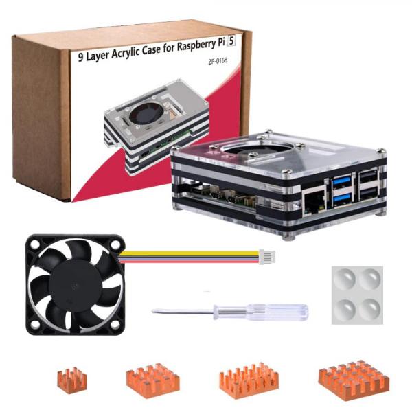디바이스마트,오픈소스/코딩교육 > 라즈베리파이 > 라즈베리파이 케이스,52PI,라즈베리파이5 아크릴 화이트/블랙 9층 레이어 쿨링팬 히트싱크 케이스 [ZP-0168],라즈베리파이 5 전용 케이스 / 9층 아크릴 적층형 케이스 / 4010 팬 포함 / 93*68.5*30mm / 화이트,블랙