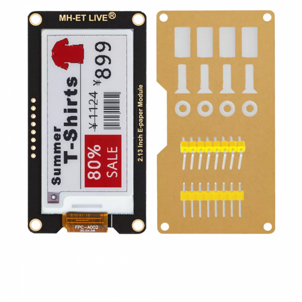 디바이스마트,MCU보드/전자키트 > 디스플레이 > E-paper,SMG,2.13인치 3색(흑백적) E-paper 모듈 [TSC-EP003],2.13인치 E-paper 모듈 / 해상도 : 212x104 / SPI / 저전력 / 작동 전압 : 2.8~5.3V / 65mm x 30.2mm / 그레이스케일 : 2 / 리프레시 타임 : 15S / 3색(흑백적)