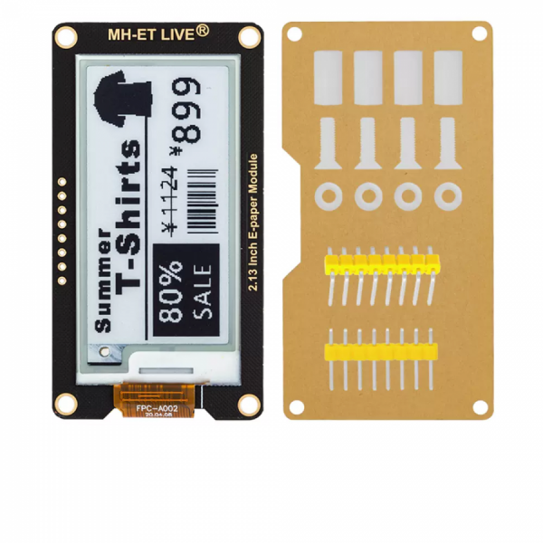 디바이스마트,MCU보드/전자키트 > 디스플레이 > E-paper,SMG,2.13인치 흑백 E-paper 모듈 [TSC-EP004],2.13인치 E-paper 모듈 / 해상도 : 212x104 / SPI / 저전력 / 작동 전압 : 2.8~5.3V / 65mm x 30.2mm / 그레이스케일 : 2 / 리프레시 타임 : 2S / 흑백