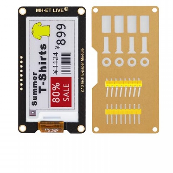 디바이스마트,MCU보드/전자키트 > 디스플레이 > E-paper,SMG,2.13인치 4색(흑백적황) E-paper 모듈 [TSC-EP005],2.13인치 E-paper 모듈 / 해상도 : 212x104 / SPI / 저전력 / 작동 전압 : 2.8~5.3V / 65mm x 30.2mm / 그레이스케일 : 2 / 리프레시 타임 : 15S / 4색(흑백적황)