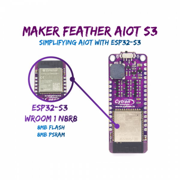 디바이스마트,오픈소스/코딩교육 > 아두이노 > 아두이노 호환보드,Cyrton,Maker Feather AIoT S3: Simplifying AIoT with ESP32 [V-MAKER-FEATHER-AIOT-S3],Adafruit Feather 폼 팩터를 갖춘 ESP32-S3 WROOM 1 N8R8 모듈로 구동되는 보드 / Arduino, CircuitPython, MicroPython 지원 / 구성품 : 보드 x1