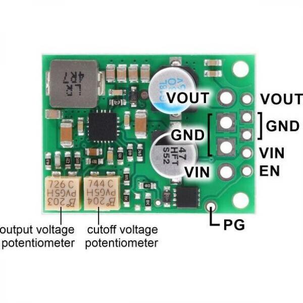 디바이스마트,전원/파워/배터리 > DC-DC 컨버터 모듈 > 강하형 모듈(외장) > 비절연 스위칭 모듈,Pololu,4.2-15V, 3.3A Fine-Adjust Step-Down Voltage Regulator w/ Adjustable Low-Voltage Cutoff D30V33MASCMA #4854,입력 전압 : 4.2V ~ 45V / 출력 전압 : 4.2V ~ 15V / 출력 전류 : 3.3A / 최대 40V의 역전압 보호 / 저전압 차단 있음 / 과전류 보호 및 단락 보호 기능 / 열 차단 기능