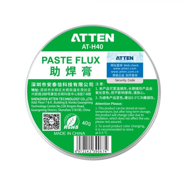 디바이스마트,화학/산업/안전 > 표면처리제 > 플럭스/페이스트/솔더마스크,ATTEN,친환경 솔더 페이스트 AT-H40,친환경으로 인체에 무해함. 인두팁 세정에 사용. 납땜완료 후 페이스트에 살짝 묻힌 후 헝겁이나 물티슈로 마무리. 용량:40g