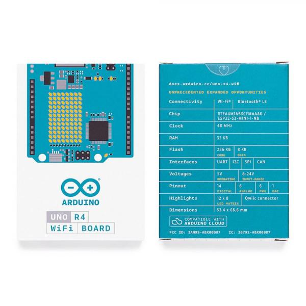 디바이스마트,오픈소스/코딩교육 > 아두이노 > 아두이노 정품 보드/쉴드/키트,아두이노,Arduino UNO R4 WiFi,ABX00087 / 아두이노 우노 R4 와이파이 / RA4M1 프로세서 + ESP32-S3 / 빌트인 와이파이 + 블루투스 / 온보드 12x8 LED 매트릭스 / 포트 : USB-C / 우노 R3 대비 메모리 증가(256kB Flash, 32kB RAM) + 클럭 속도 향상(메인 코어 48MHz, ESP32-S3 최대 240MHz) 및 12-bit DAC, CAN BUS, OP AMP 추가, 24V 입력 지원 / 빌트인 HID + Qwiic 커넥터