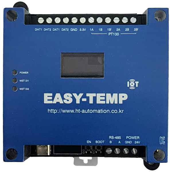 디바이스마트,MCU보드/전자키트 > 인공지능/임베디드/산업용 > 인공지능/머신러닝 > 인공지능 개발보드/모듈/키트,주식회사 하이테크오토메이션,[EASY-TEMP] IOT 온도/습도 데이터수집 모듈,온도 데이터 수집 및 전송 모듈 + PT100Ω, DHT22, DS18B20 온도센서 동시 측정 펌웨어 + MQTT/MYSQL/API/FIREBASE/TASMOTA