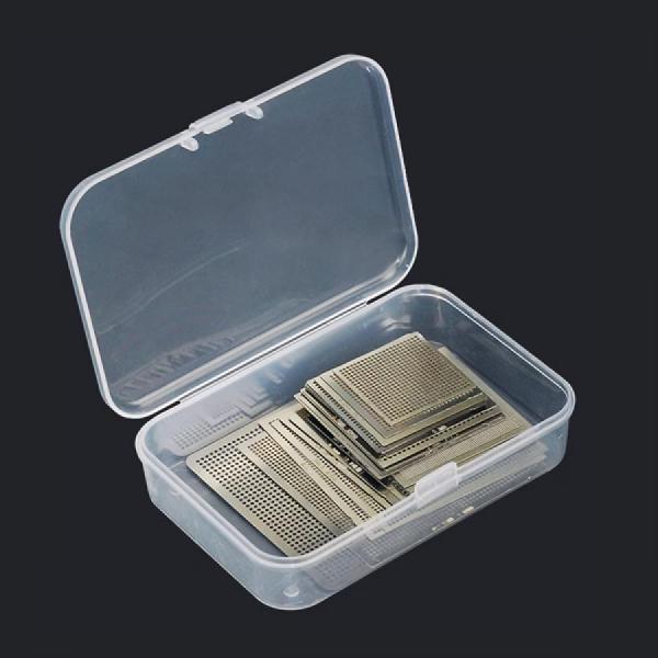 디바이스마트,수공구/전자공구/전동공구 > 전자공구 > PCB작업공구 > BGA 스텐실,SMG,소형 BGA 범용 스텐실 세트(29개입) [RBL-021],IC칩 볼 납땜 용 소형 스텐실 세트(29개입) / 0.76~0.25 규격 1.27~0.5mm pitch / 재질:강철 / PCB(회로 기판)의 표면에 납땜할 볼의 패턴을 정확하게 안착하기 위해 사용됩니다.