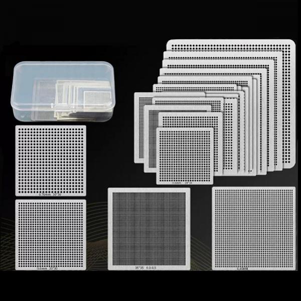 디바이스마트,수공구/전자공구/전동공구 > 전자공구 > PCB작업공구 > BGA 스텐실,SMG,소형 BGA 범용 스텐실 세트(29개입) [RBL-021],IC칩 볼 납땜 용 소형 스텐실 세트(29개입) / 0.76~0.25 규격 1.27~0.5mm pitch / 재질:강철 / PCB(회로 기판)의 표면에 납땜할 볼의 패턴을 정확하게 안착하기 위해 사용됩니다.