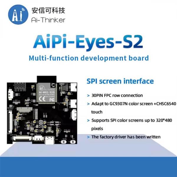 디바이스마트,MCU보드/전자키트 > 인공지능/임베디드/산업용 > 인공지능/머신러닝 > 인공지능 음성인식/스피커,Ai-Thinker,WiFi6 다기능 음성인식 개발보드[AiPi-Eyes-S2],와이파이6, BLE5.3 지원 / 카메라 / 음성 / DVP, MJPEG, Dispaly, AudioCodec, USB2.0, SDU, 이더넷(EMAC), SD/MMC(SDH), SPI, UART, I2C, I2S, PWM, GPDAC 등 모바일 장치, 웨어러블 전자 장치, 스마트 홈 및 기타 분야에서 널리 사용