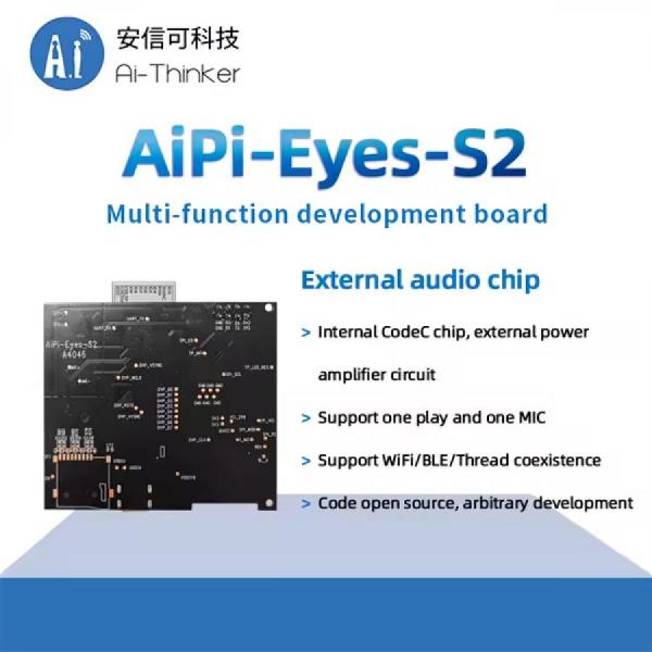 디바이스마트,MCU보드/전자키트 > 인공지능/임베디드/산업용 > 인공지능/머신러닝 > 인공지능 음성인식/스피커,Ai-Thinker,WiFi6 다기능 음성인식 개발보드[AiPi-Eyes-S2],와이파이6, BLE5.3 지원 / 카메라 / 음성 / DVP, MJPEG, Dispaly, AudioCodec, USB2.0, SDU, 이더넷(EMAC), SD/MMC(SDH), SPI, UART, I2C, I2S, PWM, GPDAC 등 모바일 장치, 웨어러블 전자 장치, 스마트 홈 및 기타 분야에서 널리 사용