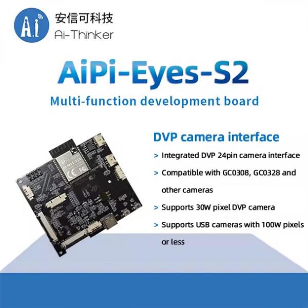 디바이스마트,MCU보드/전자키트 > 인공지능/임베디드/산업용 > 인공지능/머신러닝 > 인공지능 음성인식/스피커,Ai-Thinker,WiFi6 다기능 음성인식 개발보드[AiPi-Eyes-S2],와이파이6, BLE5.3 지원 / 카메라 / 음성 / DVP, MJPEG, Dispaly, AudioCodec, USB2.0, SDU, 이더넷(EMAC), SD/MMC(SDH), SPI, UART, I2C, I2S, PWM, GPDAC 등 모바일 장치, 웨어러블 전자 장치, 스마트 홈 및 기타 분야에서 널리 사용