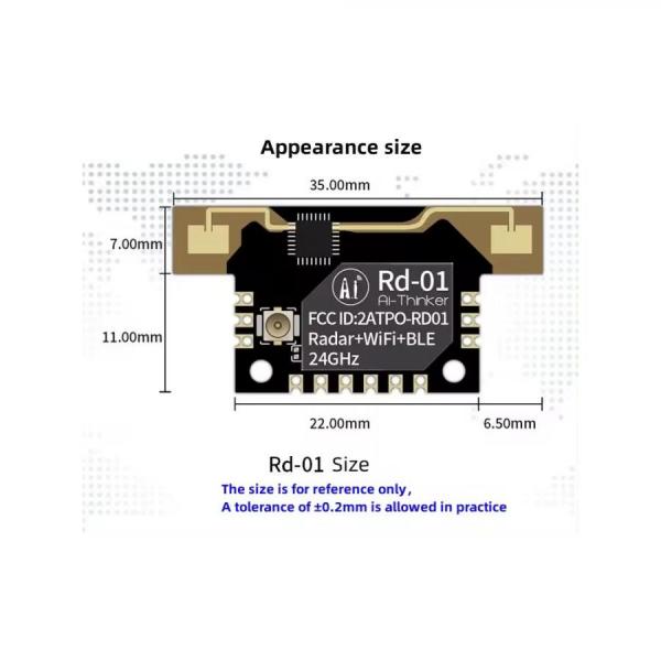 디바이스마트,MCU보드/전자키트 > 센서모듈 > 라이다/거리/초음파/라인 > 레이다(RADAR)센서,Ai-Thinker,24G 레이더 인체감지 센서 모듈 [Rd-01],칩셋 : S3KM111L+BL602 / 와이파이 블루투스 콤보 / 크기 : 35.0*18.0*3.6(±0.2)mm / 레이더: 24G ~24.25GHz Wi-Fi:2400 ~ 2483.5MHz / IO : 8 / UART 속도 : 기본 256000bps / 전압 3.0V ~ 3.6V / 안테나 미포함