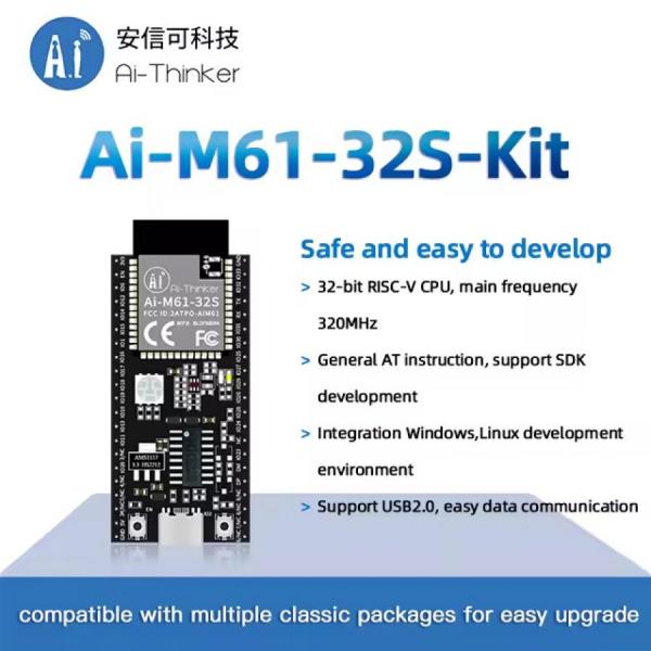 디바이스마트,MCU보드/전자키트 > 통신/네트워크 > 와이파이,Ai-Thinker,WiFi6 + 블루투스 BLE 5.3 콤보 모듈 [Ai-M61-32S-Kit ],Ai-M61-32S 모듈용으로 설계된 개발 보드 / 칩셋 : BL618 / 크기 : 59.83*25.4mm / 작동 온도 : -40°C ~ 85°C