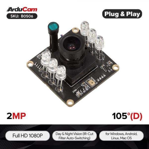 디바이스마트,MCU보드/전자키트 > 카메라/비디오 > 일반카메라,ArduCAM,Arducam 1080P Day/Night Vision USB 카메라 모듈 [B0506],풀 HD 1080P USB 카메라 / 자동 IR-컷 전환 및 IR LED를 갖춘 2MP 적외선 웹캠 / 1/2.7인치 OV2710 CMOS