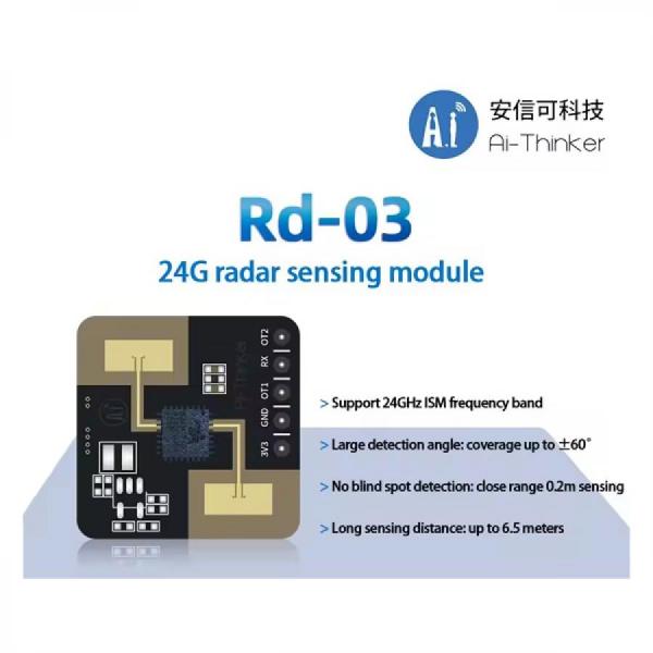 디바이스마트,MCU보드/전자키트 > 센서모듈 > 라이다/거리/초음파/라인 > 레이다(RADAR)센서,Ai-Thinker,24G 레이더 인체감지 센서 모듈 [Rd-03],칩셋 : S3KM111L / 와이파이 블루투스 콤보 / 크기 : 20*20*(±0.2)mm / 레이더: 24G ~24.25GHz / UART 속도 : 기본 115200bps / 전압 3.0V ~ 3.6V / FMCW 레이더 / 감지 거리 : 6m
