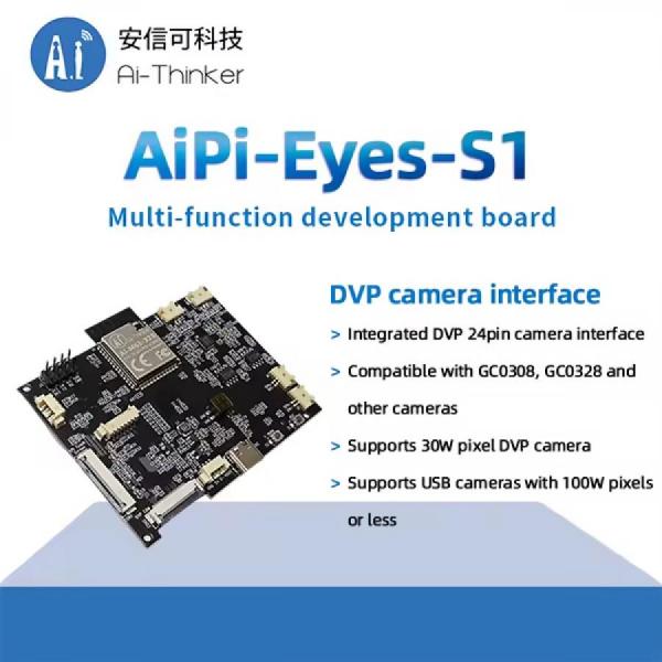 디바이스마트,MCU보드/전자키트 > 인공지능/임베디드/산업용 > 인공지능/머신러닝 > 인공지능 음성인식/스피커,Ai-Thinker,WiFi6 다기능 음성인식 개발보드[AiPi-Eyes-S1],와이파이6, BLE5.3 지원 / 카메라 / 음성 / DVP, MJPEG, Dispaly, AudioCodec, USB2.0, SDU, 이더넷(EMAC), SD/MMC(SDH), SPI, UART, I2C, I2S, PWM, GPDAC 등 모바일 장치, 웨어러블 전자 장치, 스마트 홈 및 기타 분야에서 널리 사용