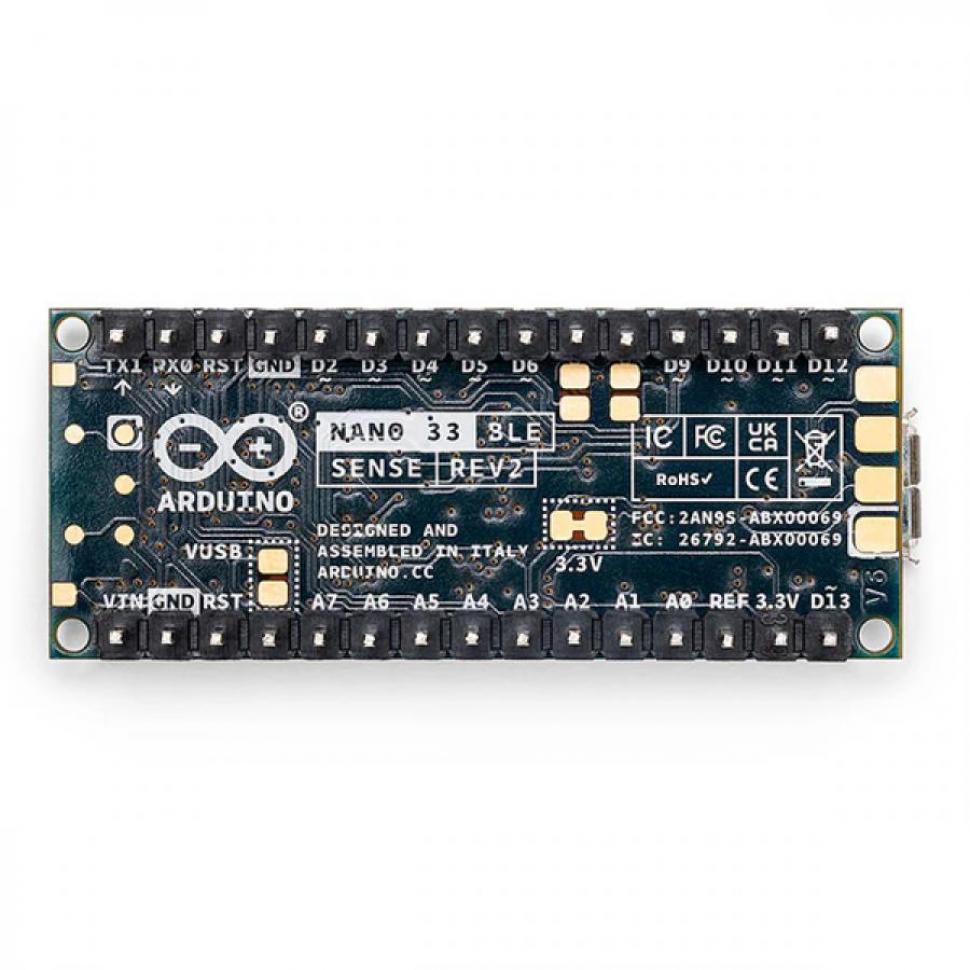 디바이스마트,오픈소스/코딩교육 > 아두이노 > 아두이노 정품 보드/쉴드/키트,아두이노,Arduino Nano 33 BLE Sense Rev2 with headers,ABX00070 / Nordic nRF52480 칩셋 기반 / 블루투스 5 모듈 내장 / BMI270 + BMM150 9축 IMU, HS3003 온습도 센서, LPS22HB 기압 센서 등 활용도 높은 센서가 모두 내장된 강력한 아두이노 나노 보드 (핀헤더 납땜 버전)