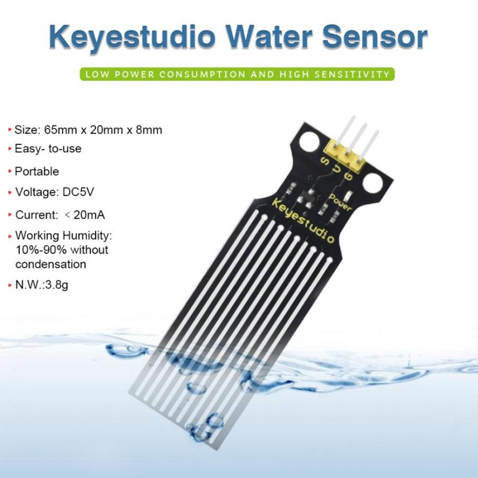 디바이스마트,오픈소스/코딩교육 > 아두이노 > 아두이노 센서모듈,keyestudio,아두이노 수위 센서 모듈 [KS0048],수위와 물방울을 식별하고 감지 / 낮은 전력 소모와 높은 감도 / 작동 전압: DC5V / 센서 유형: 아날로그 / 감지 영역(mm): 40x16