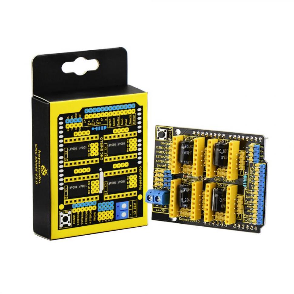 디바이스마트,오픈소스/코딩교육 > 아두이노 > 아두이노 호환쉴드,keyestudio,아두이노 우노 A4988 모터 드라이버 쉴드 V3 [KS0160],아두이노 우노 R3 호환 / 42단계 모터 연결을 위한 2.54mm 피치의 4핀 헤더 3개가 함께 제공 / 직렬 통신, I2C 통신과 같은 다른 통신 포트 / 크기(mm): 69x54x15 / 무게: 31g