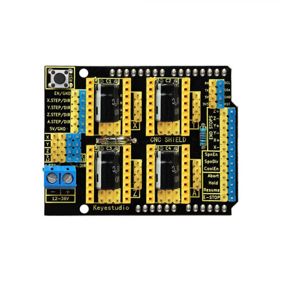 디바이스마트,오픈소스/코딩교육 > 아두이노 > 아두이노 호환쉴드,keyestudio,아두이노 우노 A4988 모터 드라이버 쉴드 V3 [KS0160],아두이노 우노 R3 호환 / 42단계 모터 연결을 위한 2.54mm 피치의 4핀 헤더 3개가 함께 제공 / 직렬 통신, I2C 통신과 같은 다른 통신 포트 / 크기(mm): 69x54x15 / 무게: 31g